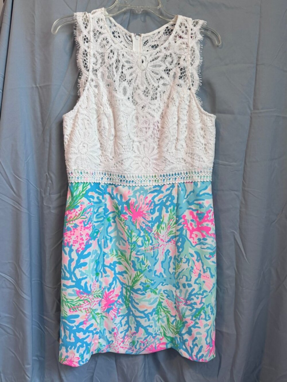 Lilly Pulitzer Sharice Stretch Shift Dress Coral Bay Lace Blue Pink White-Sz12